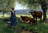 Cows Canvas Paintings - Milkmaid with Cows 2